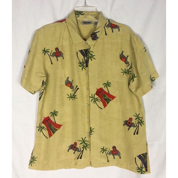 Chicos Design Silk Linen Button Up Shirt Size 1‎ Yellow Graphic Blouse - Picture 1 of 9